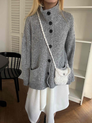 Stand Neck Washable Two-Pocket Balloon Cardigan