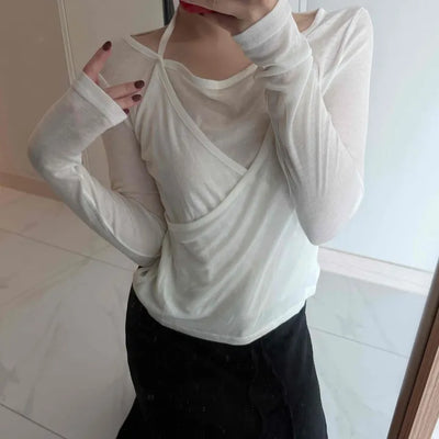 See-through Wrap Halter Slim Fit Long Sleeve T-shirt