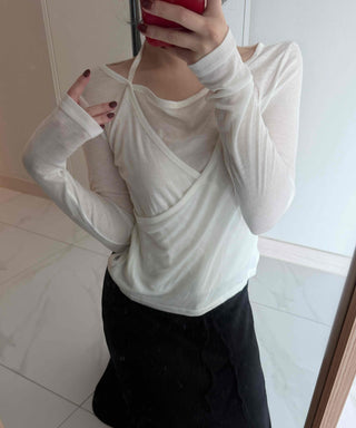 See-through Wrap Halter Slim Fit Long Sleeve T-shirt