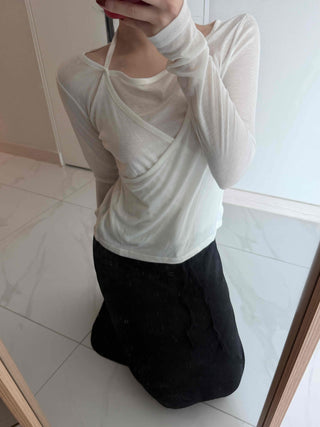 See-through Wrap Halter Slim Fit Long Sleeve T-shirt