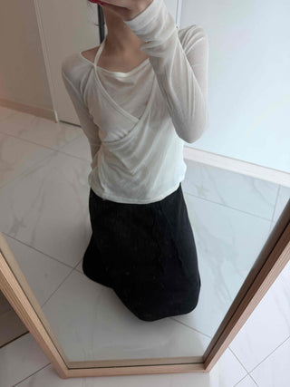 See-through Wrap Halter Slim Fit Long Sleeve T-shirt