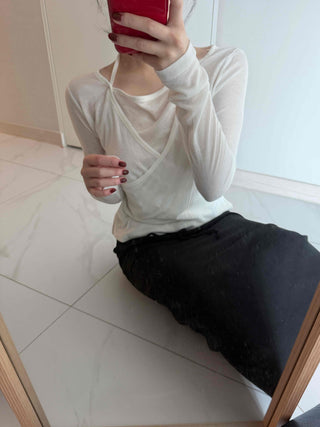 See-through Wrap Halter Slim Fit Long Sleeve T-shirt