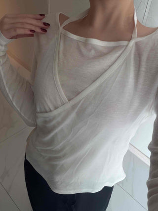 See-through Wrap Halter Slim Fit Long Sleeve T-shirt
