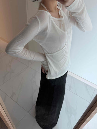 See-through Wrap Halter Slim Fit Long Sleeve T-shirt