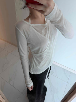 See-through Wrap Halter Slim Fit Long Sleeve T-shirt
