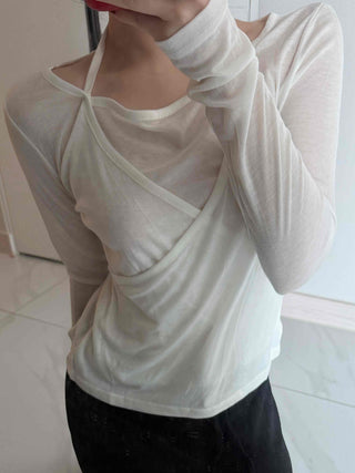 See-through Wrap Halter Slim Fit Long Sleeve T-shirt
