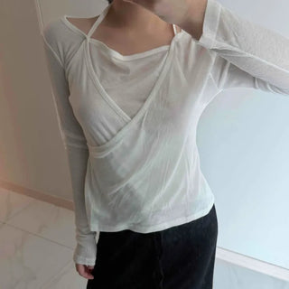See-through Wrap Halter Slim Fit Long Sleeve T-shirt