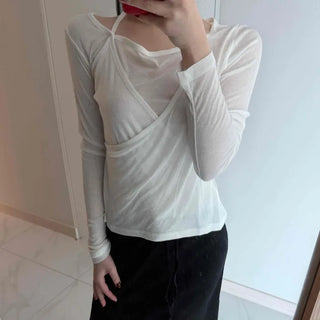 See-through Wrap Halter Slim Fit Long Sleeve T-shirt