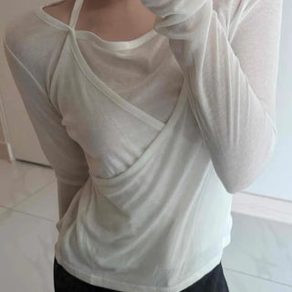 See-through Wrap Halter Slim Fit Long Sleeve T-shirt
