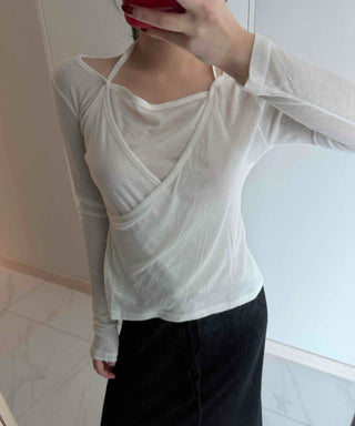 See-through Wrap Halter Slim Fit Long Sleeve T-shirt