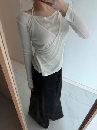 See-through Wrap Halter Slim Fit Long Sleeve T-shirt