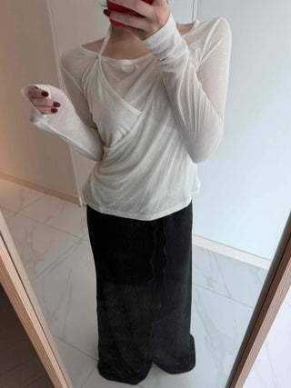 See-through Wrap Halter Slim Fit Long Sleeve T-shirt