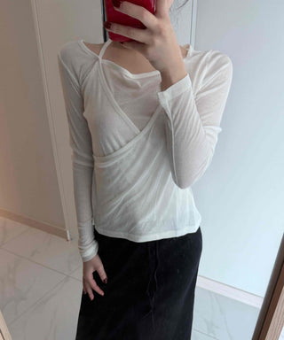 See-through Wrap Halter Slim Fit Long Sleeve T-shirt