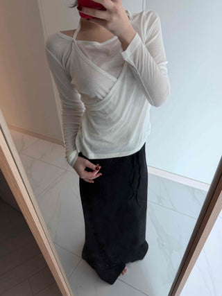See-through Wrap Halter Slim Fit Long Sleeve T-shirt