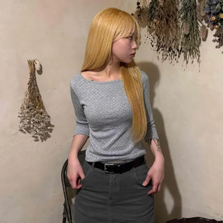 Puff Sleeve Square Neck Dot Slim Fit T-shirt