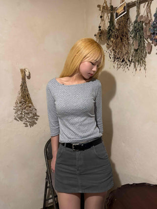 Puff Sleeve Square Neck Dot Slim Fit T-shirt