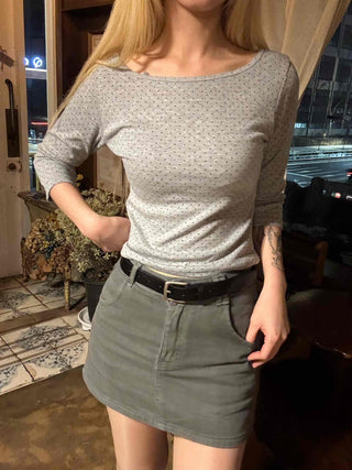 Puff Sleeve Square Neck Dot Slim Fit T-shirt