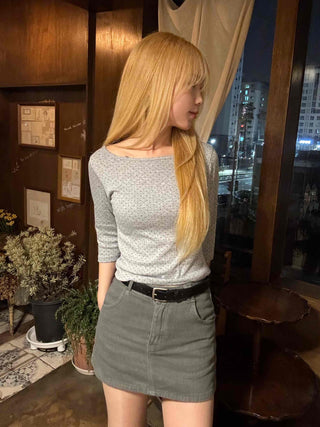 Puff Sleeve Square Neck Dot Slim Fit T-shirt