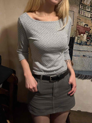 Puff Sleeve Square Neck Dot Slim Fit T-shirt