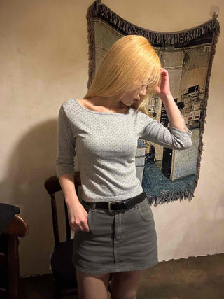 Puff Sleeve Square Neck Dot Slim Fit T-shirt