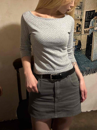 Puff Sleeve Square Neck Dot Slim Fit T-shirt