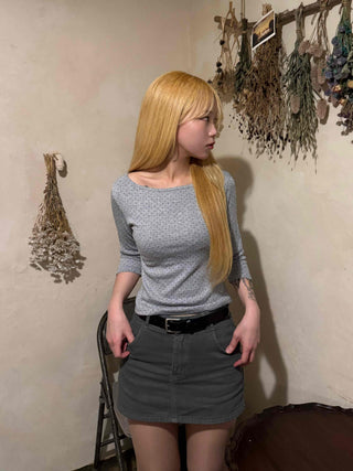 Puff Sleeve Square Neck Dot Slim Fit T-shirt