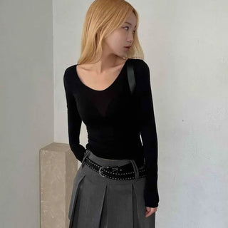 Shining Gold Color Block Deep V Rib Knit Long Sleeve Tee