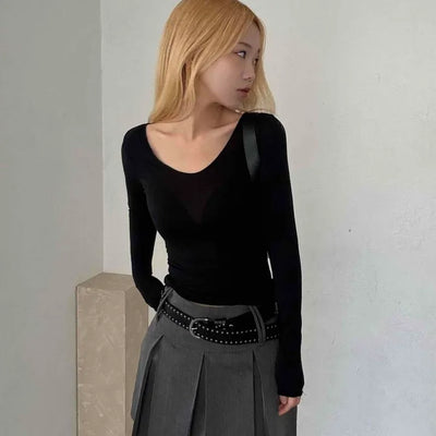 Shining Gold Color Block Deep V Rib Knit Long Sleeve Tee