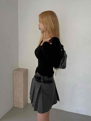 Shining Gold Color Block Deep V Rib Knit Long Sleeve Tee