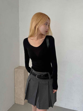 Shining Gold Color Block Deep V Rib Knit Long Sleeve Tee