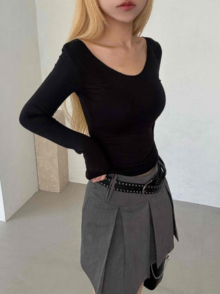 Shining Gold Color Block Deep V Rib Knit Long Sleeve Tee