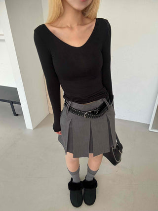 Shining Gold Color Block Deep V Rib Knit Long Sleeve Tee