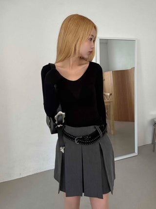 Shining Gold Color Block Deep V Rib Knit Long Sleeve Tee