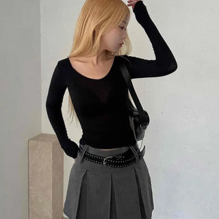 Shining Gold Color Block Deep V Rib Knit Long Sleeve Tee