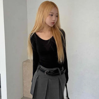 Shining Gold Color Block Deep V Rib Knit Long Sleeve Tee