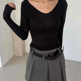 Shining Gold Color Block Deep V Rib Knit Long Sleeve Tee