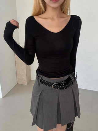 Shining Gold Color Block Deep V Rib Knit Long Sleeve Tee
