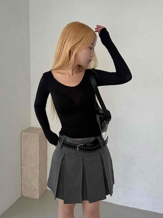 Shining Gold Color Block Deep V Rib Knit Long Sleeve Tee