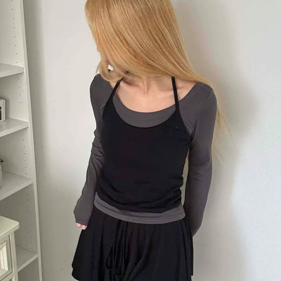 See-through Mesh Halter Camisole Layered Long Sleeve T-shirt
