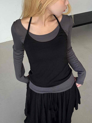See-through Mesh Halter Camisole Layered Long Sleeve T-shirt