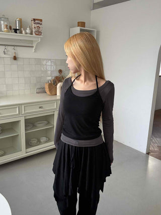 See-through Mesh Halter Camisole Layered Long Sleeve T-shirt