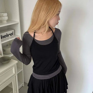 See-through Mesh Halter Camisole Layered Long Sleeve T-shirt