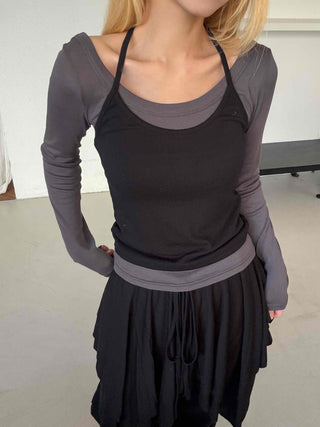 See-through Mesh Halter Camisole Layered Long Sleeve T-shirt
