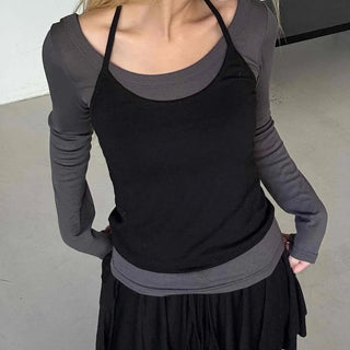 See-through Mesh Halter Camisole Layered Long Sleeve T-shirt
