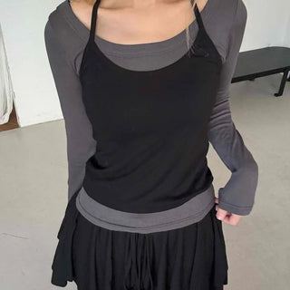 See-through Mesh Halter Camisole Layered Long Sleeve T-shirt