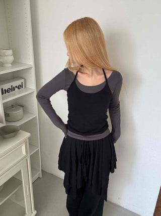 See-through Mesh Halter Camisole Layered Long Sleeve T-shirt