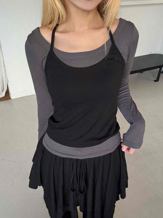 See-through Mesh Halter Camisole Layered Long Sleeve T-shirt
