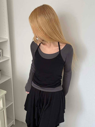 See-through Mesh Halter Camisole Layered Long Sleeve T-shirt