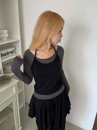 See-through Mesh Halter Camisole Layered Long Sleeve T-shirt