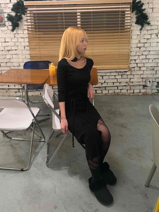 Dark Gothic String Drape Cut Long Skirt